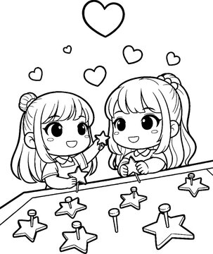 Two Cartoon Girls Playing Whack a Mole Game Together.