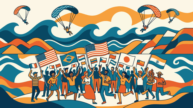 Diverse crowd celebrating with international flags, paratroopers descending, vibrant wavy landscape background