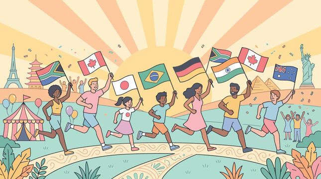 Diverse Children Running with Flags of Nations, World Unity, Celebration