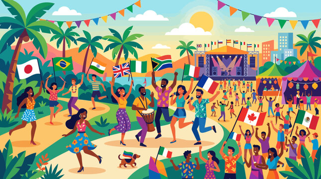 Diverse Crowd Celebrates International Music Festival with Flags, Palm Trees, and Stage
