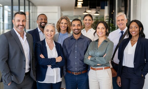 Diverse team of professionals stands together and smiles confidently at the camera in a modern office hallway.