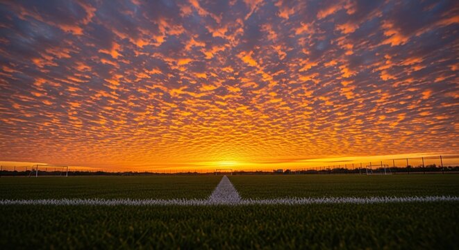 Vibrant orange sunset over green field with white triangular object at dusk outdoors in natural landscape with serene atmosphere and beautiful clouds