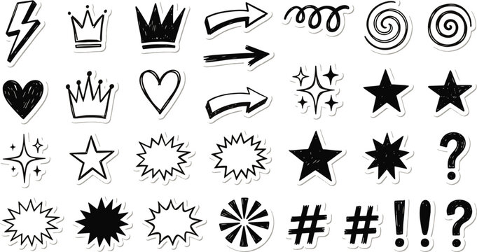 Hand drawn black doodle icons sticker set with stars hearts crowns arrows and punctuation marks for creative design element vector illustration