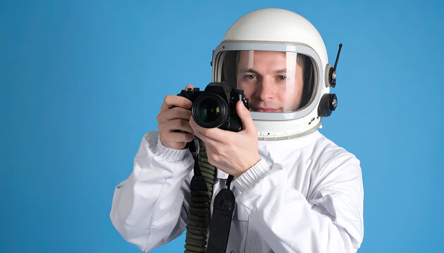 Astronaut wearing a white helmet and suit holding a black camera ready to take a photo against a blue background