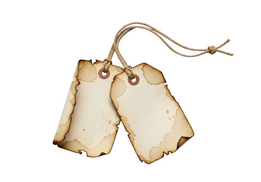 Two rustic brown tags with twine strings isolated on transparent background isolated on transparent background