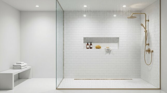 Minimalist modern bethroom design with gold fixtures and white tile