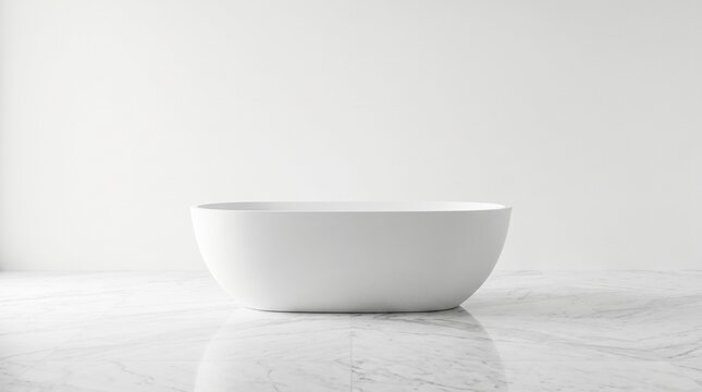 Modern minimalist bethroom with luxury white tub and marble floor