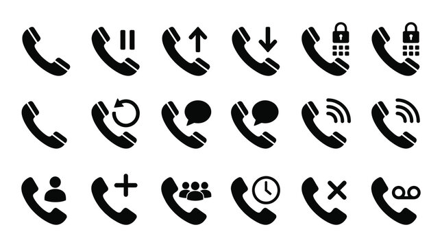 Comprehensive telephone and communication icon set with telephone communication voicemail