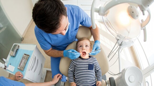 Dentista examinando a boca de uma crian&ccedil;a sentada na cadeira odontol&oacute;gica