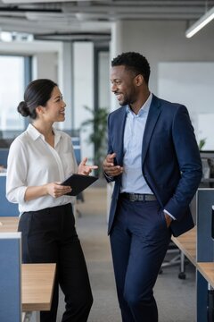 Smiling businessman and businesswoman in professional attire converse in a contemporary office with tablets and desks.