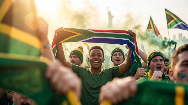 Torcedores sul-africanos celebram com bandeira e fuma&ccedil;a verde