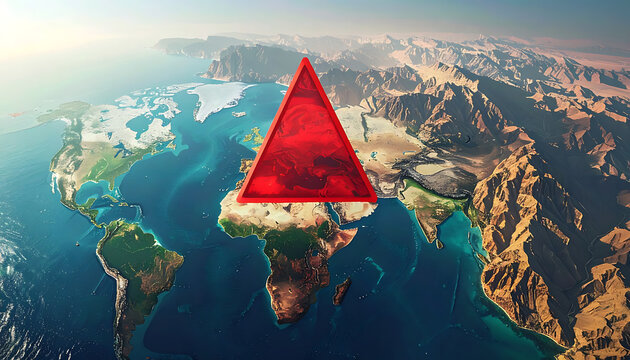 Abstract red triangle geometric shape hovering over a pixelated world map, digital representation of global data or crisis