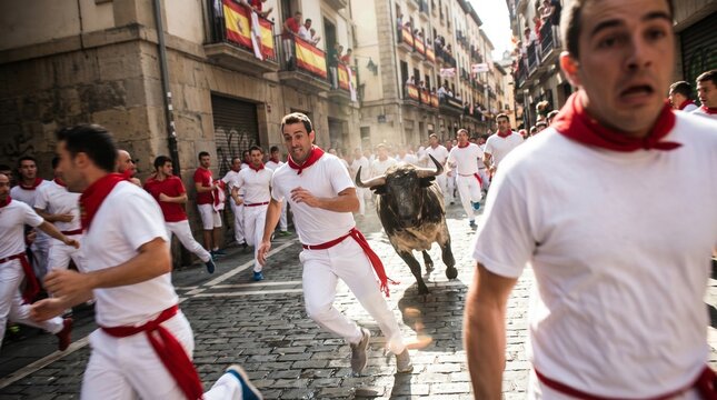 Homens correndo de um touro em rua estreita durante festival