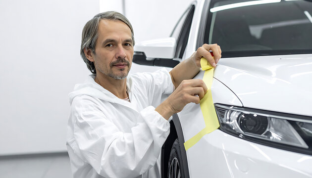 Auto mechanic carefully applying masking tape to a white car for painting, preparing for auto body repair in a clean workshop