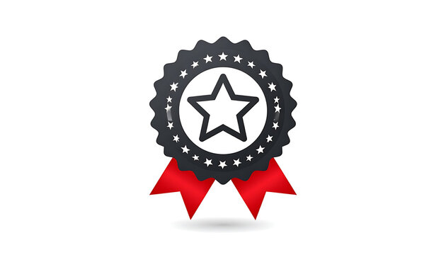 Award medal icon with red ribbon and star outline, recognition symbol, success achievement, premium quality