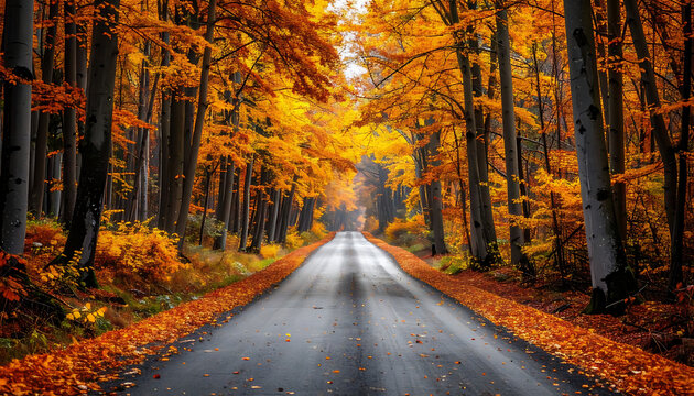 Autumn road lined with vibrant golden trees, falling leaves creating a carpet, scenic drive through a colorful forest in fall