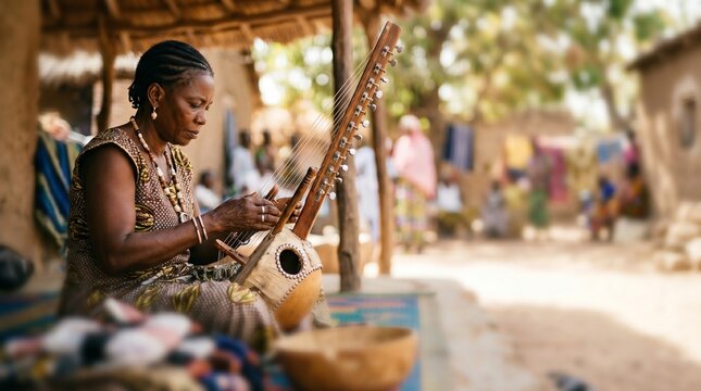 Mulher toca kora em aldeia africana