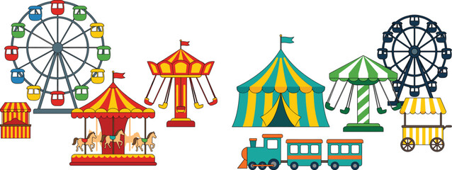 Colorful amusement park elements with ferris wheels, carousel, circus tent, and train, flat vector illustration set, image_85c2ab.png © MstLata