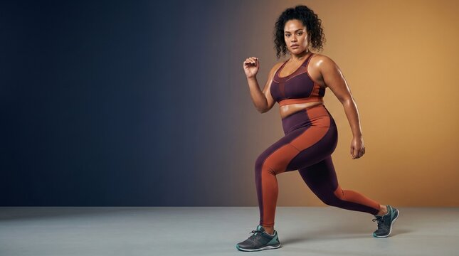 Mulher plus-size em pose din&acirc;mica de exerc&iacute;cio, com roupa esportiva de duas cores