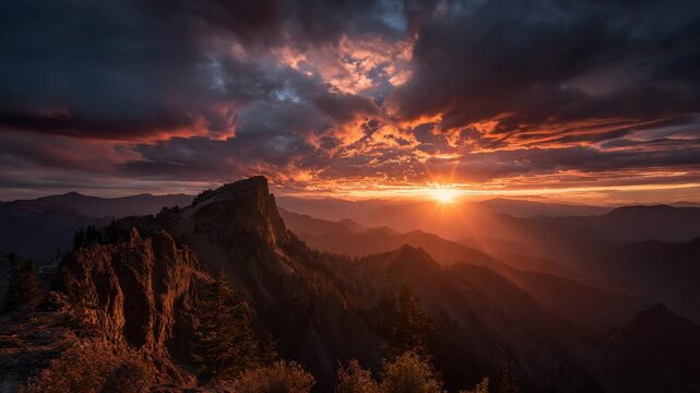 Dramatic sunset behind mountain ridge with glowing sky deep shadows rich colors atmospheric depth balanced lighting