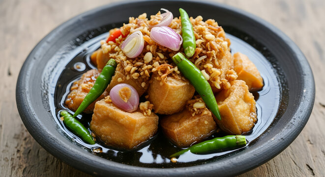 Traditional Indonesian Tahu Petis with Sweet Savory Black Sauce and Fresh Chili