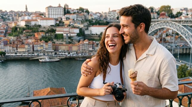 Casal feliz em Porto com vista panor&acirc;mica e sorvete