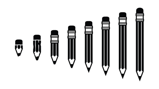 Array of pencils in increasing sizes with stationery progression ascending supplies education