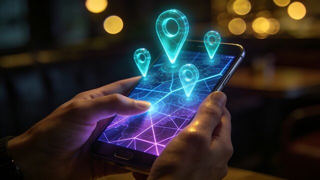 Person holding a mobile phone displaying a vibrant holographic digital map with glowing location pins for navigation services in a high resolution close up shot