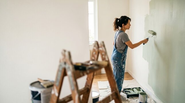 Mulher pintando parede com rolo de tinta em sala clara