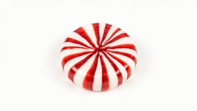 Round peppermint candy with red and white stripes isolated on white background