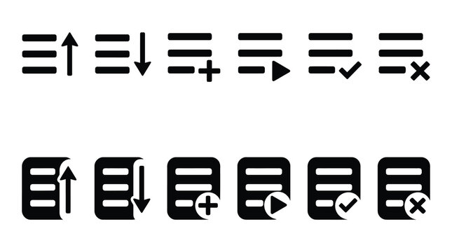 Set of UI menu list management icons with sorting and status symbols interface navigation