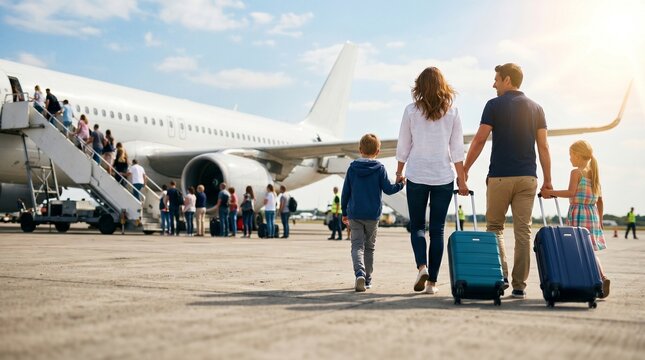 Fam&iacute;lia feliz embarcando em um avi&atilde;o para viagem