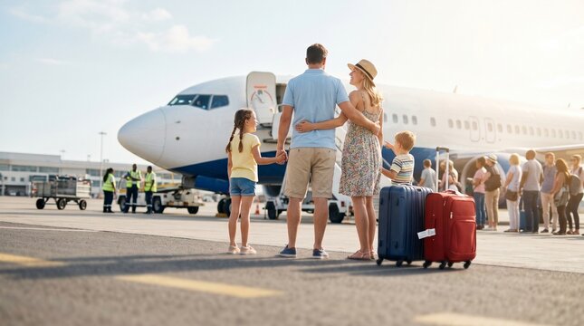 Fam&iacute;lia feliz na pista de aeroporto, aguardando embarque em avi&atilde;o