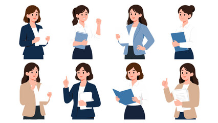 Fototapeta premium Set of businesswomen holding documents in office poses