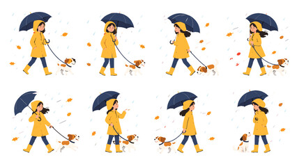 Naklejka premium Woman walking dog in rain with umbrella cartoon vector set
