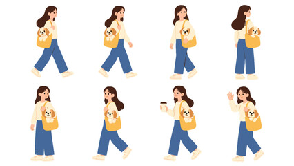 Fototapeta premium Woman walking with small dog in yellow shoulder bag set