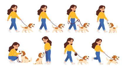 Fototapeta premium Woman walking and playing with dog in cartoon vector set