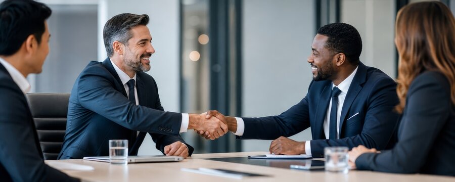 Two smiling businessmen enthusiastically shake hands across a conference table, affirming a positive business agreement with colleagues present.