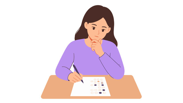 Woman thinking while filling out a multiple choice test