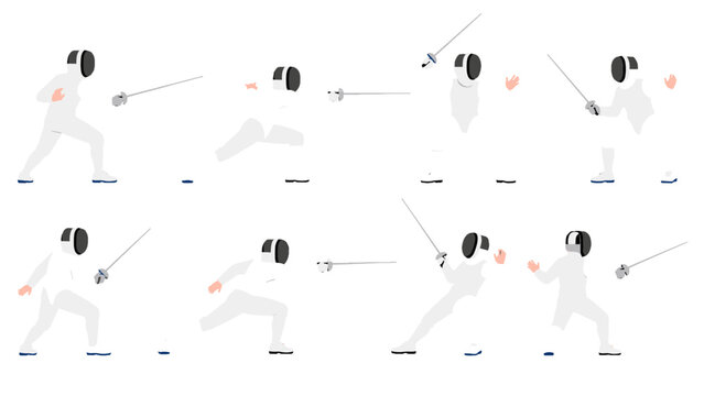 Set of fencer poses in white protective uniform