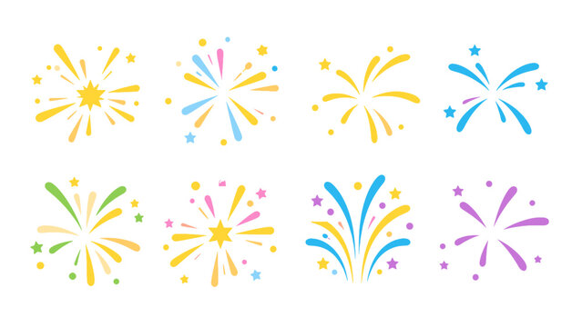 Colorful hand drawn firework burst set on white background
