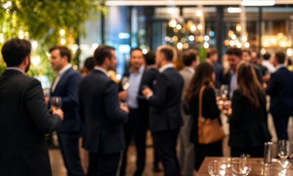 Blurred image captures a sophisticated evening networking event with elegantly dressed professionals mingling and holding wine glasses.