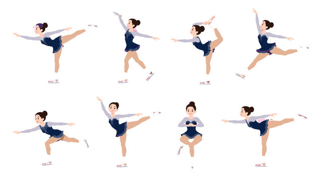 Set of female figure skater poses in blue costume