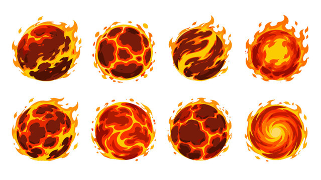 Set of eight flaming fireball sphere vector icons