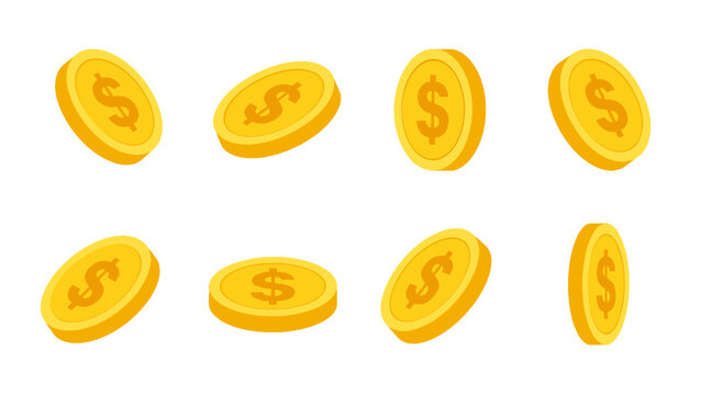 Set of gold dollar coins in different isometric angles