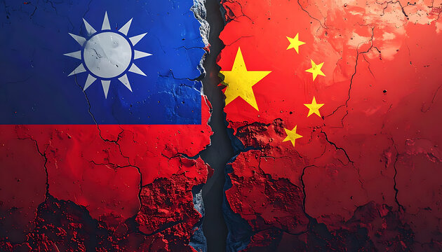 Cracked map representing Taiwan and China flags divided by a deep fissure, symbolizing political division and conflict, conflict, tension, dispute, geopolitical crisis, separation