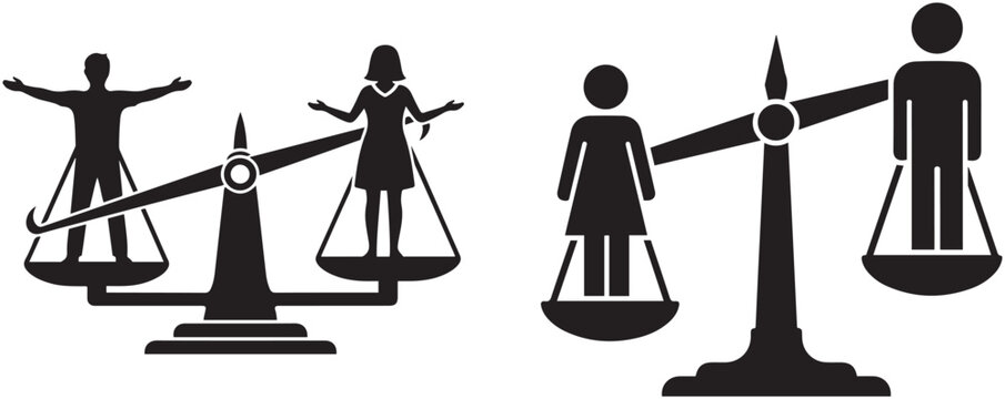 Abstract gender equality and balance icons with human figures on weighing scales symbolizing fairness, parity, and social justice concepts