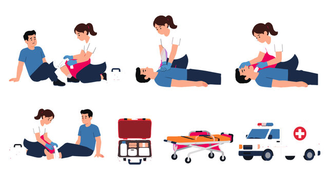 First aid and emergency response vector illustration set