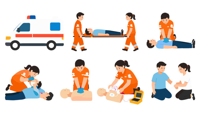 Emergency medical response scenes with ambulance and first aid