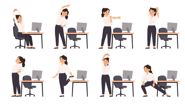 Office worker stretching beside desk in different exercise poses